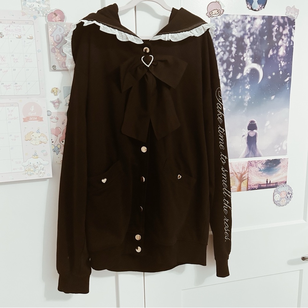 LIZ LISA 🌸 Black Sailor Collar Message Hoodie with Removable Heart Bow
